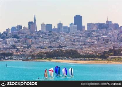 San Francisco view from Golden Gate Bridge sailing regatta in California USA