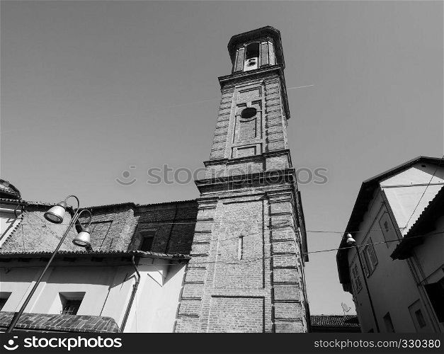 San Giuseppe (Saint Joseph) church steeple in Alba, Italy in black and white. San Giuseppe church in Alba in black and white