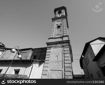 San Giuseppe (Saint Joseph) church steeple in Alba, Italy in black and white. San Giuseppe church in Alba in black and white