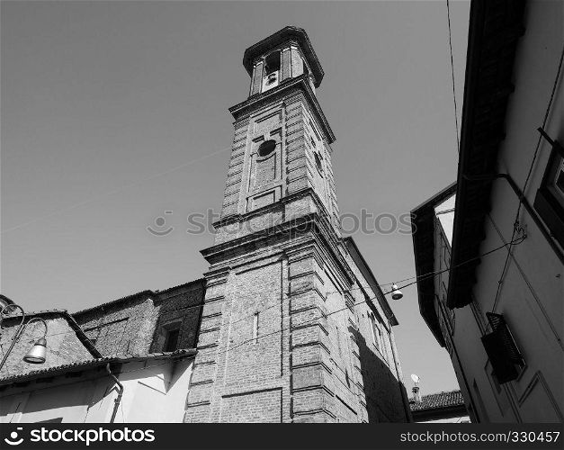 San Giuseppe (Saint Joseph) church steeple in Alba, Italy in black and white. San Giuseppe church in Alba in black and white