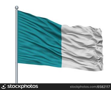 San Juan Bautista City Flag On Flagpole, Country Paraguay, Misiones Departamento, Isolated On White Background. San Juan Bautista City Flag On Flagpole, Paraguay, Misiones Departamento, Isolated On White Background
