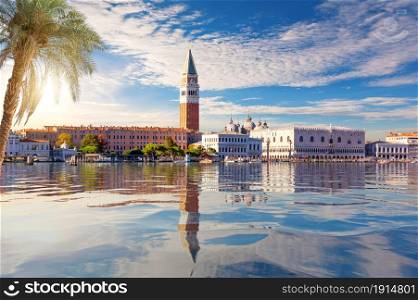San Marco and Doge&rsquo;s Palace behind the palm, view from the lagoon of Venice, Italy.