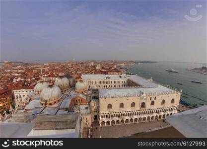 San Marco Basilica domes, Doges Palace and roofs of venetian houses, top view&#xA;