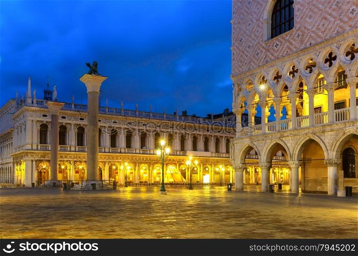 San Marco square and Doge Palace at night. Venice, Italy