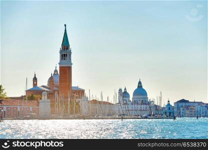 San Marco square with Bell tower in Venice. San Marco square with Bell tower in Venice, Italy. View from sea