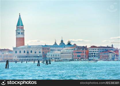 San Marco square with Bell tower in Venice. San Marco square with Bell tower in Venice, Italy. View from sea