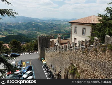 SAN-MARINO - 22 JUNE, 2014: Fortress on a cliff in San Marino