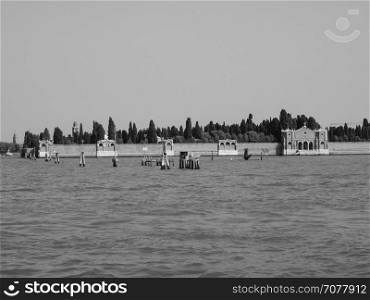 San Michele cemetery island in Venice in black and white. San Michele cemetery island in the Venetian Lagoon in Venice, Italy in black and white