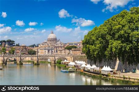 San Pietro basilica and Sant angelo bridge in a summer day in Rome, Italy