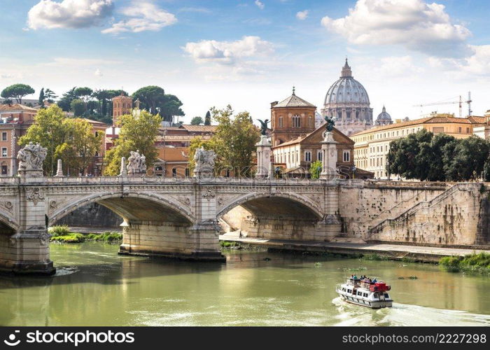 San Pietro basilica  and Sant angelo bridge in a summer day in Rome, Italy