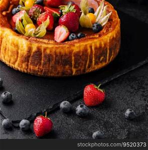 San Sebastian cheesecake with berries close up