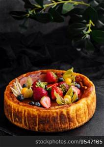 San Sebastian cheesecake with berries on black plate
