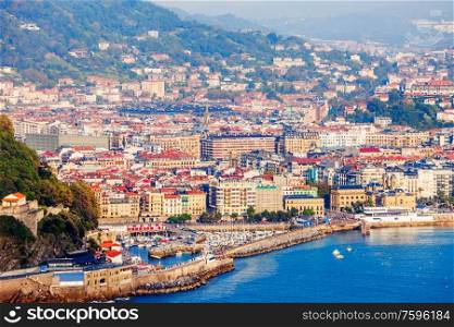 San Sebastian or Donostia aerial panoramic view. San Sebastian is a coastal city in the Basque country in Spain.