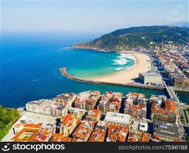 San Sebastian or Donostia beach aerial panoramic view. San Sebastian is a coastal city in the Basque country in Spain.