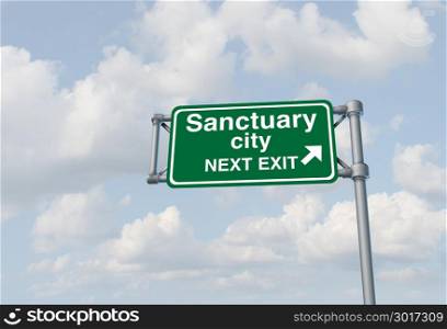 Sanctuary city concept and illegal immigration law government enforcement policies as a highway sign directing to welcoming immigrants with no legal status as a 3D illustration.