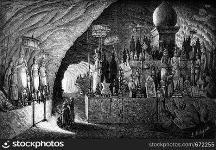 Sanctuary of the Pak Ou cave, (View from the back of the cave), vintage engraved illustration. Le Tour du Monde, Travel Journal, (1872).