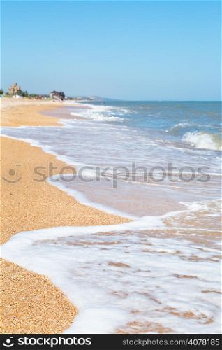 sand and seashells beach of Sea of Azov in resort Golubickaya, Taman Peninsula, Russia