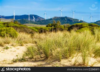 Sand beach grassy dunes and wind turbines on hills. Andalusia Spain.. Sand dune and wind turbines on hill, Andalusia Spain
