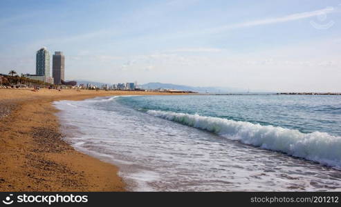 Sand beach in Badalona Catalonia, Spain. It is one of the most popular beach in Europe. Sand beach in Badalona. Catalonia