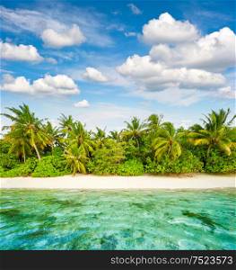 Sand Beach. Palm Trees. Cloudy blue sky. Tropical island landscape