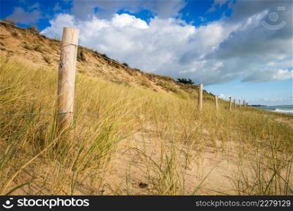 Sand dune and fence on a beach, Re Island, France. Cloudy background. Sand dune and fence on a beach, Re Island, France