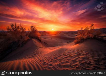 sand dunes glowing orange and red in magical sunset, created with generative ai. sand dunes glowing orange and red in magical sunset