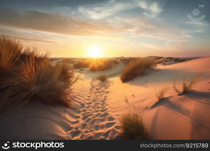 sand dunes with sunset in the background, creating a stunning visual, created with generative ai. sand dunes with sunset in the background, creating a stunning visual