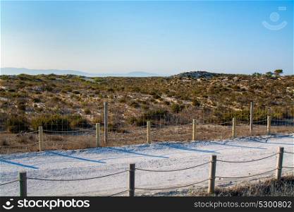 sand dunes with vegetation and dirt road in comporta alentejo Portugal