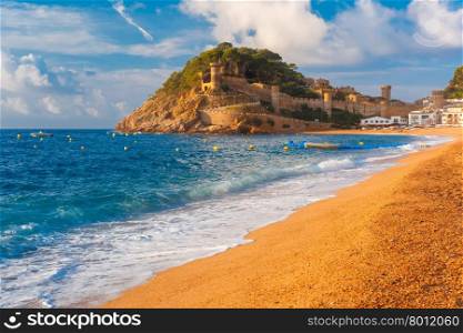 Sand Gran Platja beach and fortress in the morning in Tossa de Mar on Costa Brava, Catalunya, Spain