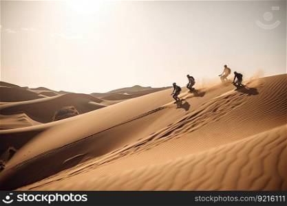 sandboarders riding down sand dunes, with the desert landscape in the background, created with generative ai. sandboarders riding down sand dunes, with the desert landscape in the background