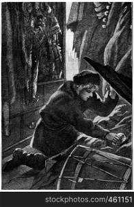 Sandre pulled the nugget of hiding, vintage engraved illustration. Jules Verne Cesar Cascabel, 1890.