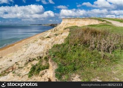 Sandstone low cliffs, Taddiford Gap, Milford on Sea, Hampshire, England United Kingdom, looking towards Christchurch and Bournemouth.