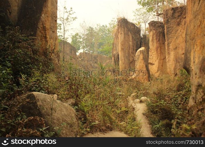 sandstone or limestone canyon walls seen from the canyon floor at an eroded land split in Northern Thailand, Southeast Asia. sandstone or limestone canyon walls seen from the canyon floor at an eroded land split in Northern Thailand, Southeast Asiasandstone or limestone canyon walls seen from the canyon floor at an eroded land split in Northern Thailand, Southeast Asia