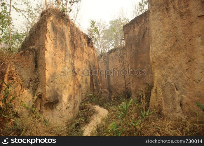 sandstone or limestone canyon walls seen from the canyon floor at an eroded land split in Northern Thailand, Southeast Asia. sandstone or limestone canyon walls seen from the canyon floor at an eroded land split in Northern Thailand, Southeast Asiasandstone or limestone canyon walls seen from the canyon floor at an eroded land split in Northern Thailand, Southeast Asia