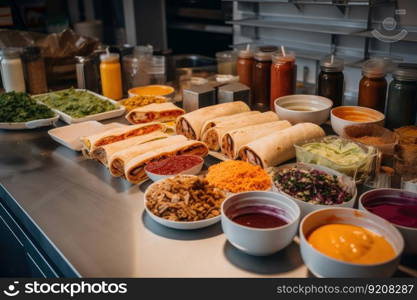 sandwhich and wrap bar with a variety of ingredients, sauces, and toppings for custom creations, created with generative ai. sandwhich and wrap bar with a variety of ingredients, sauces, and toppings for custom creations
