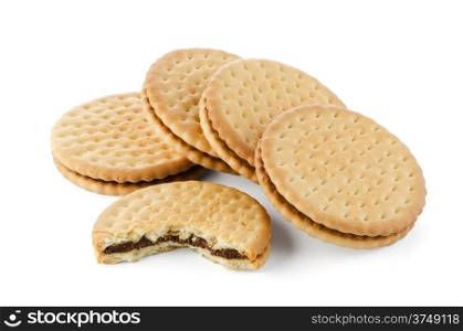 Sandwich biscuits with chocolate filling on a white background