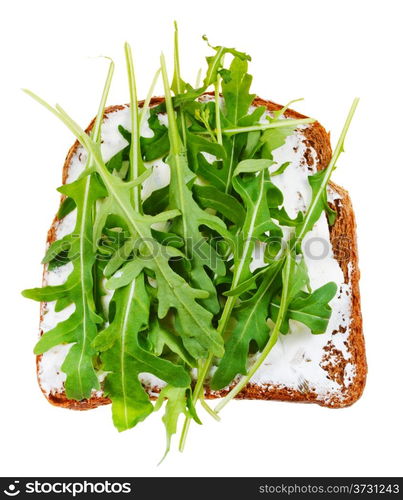 sandwich from rye bread, soft cheese and fresh arugula isolated on white background