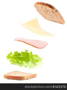 sandwich ingredients in air, isolated on white