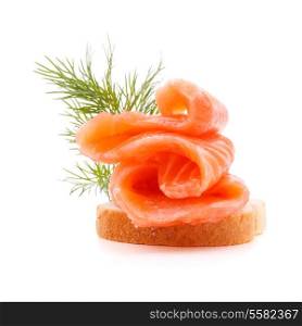sandwich or canape with salmon on white background cutout