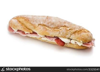 sandwich with mozzarella cheese and ham isolated on white background with clipping path