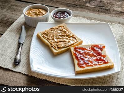 Sandwich with peanut butter and strawberry jelly