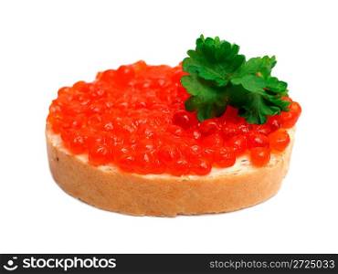 sandwich with red caviar isolated on white