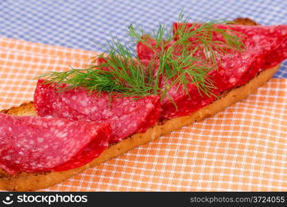 Sandwich with salami and dill isolated on kitchen towels.