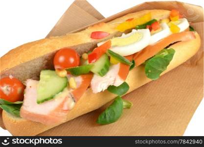 Sandwich with smoked chicken on a white background.