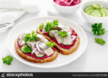 Sandwiches, toasts with salted herring and beetroot pate