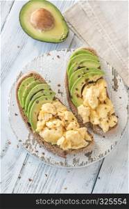 Sandwiches with avocado and scrambled eggs