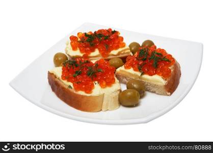 Sandwiches with butter both red caviar and olives