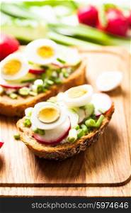 Sandwiches with fresh radish, cucumber, onions and quail eggs on a wooden table