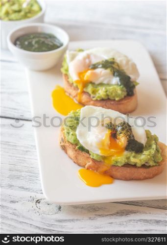Sandwiches with guacamole and poached eggs