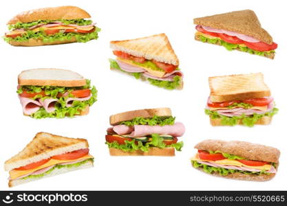 Sandwiches with ham and vegetables on white background